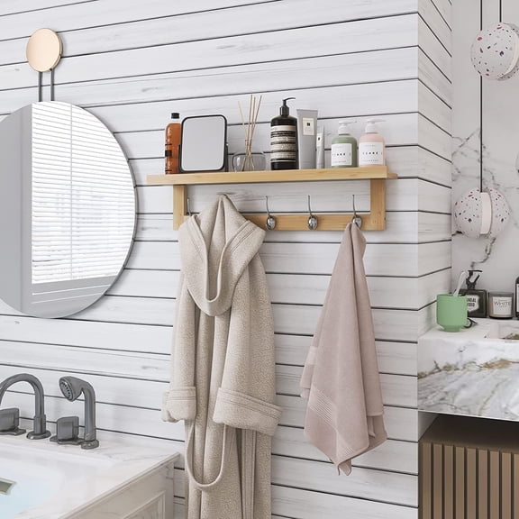 Coat Hooks with Shelf Wall-Mounted, 29.2 Inch Entryway Coat Rack for Wall, Bamboo Hanging Shelf with 5 Double Metal Hooks for Bathroom, Bedroom, Kitchen, Living Room, Mudroom (Natural)