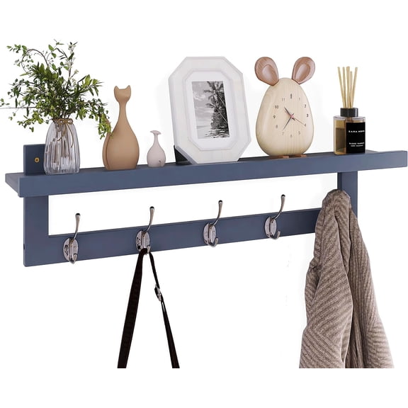 Coat Hooks with Shelf Wall-Mounted, 29.2 Inch Entryway Coat Rack for Wall, Bamboo Hanging Shelf with 5 Double Metal Hooks for Bathroom, Bedroom, Kitchen, Living Room, Mudroom (Grey)