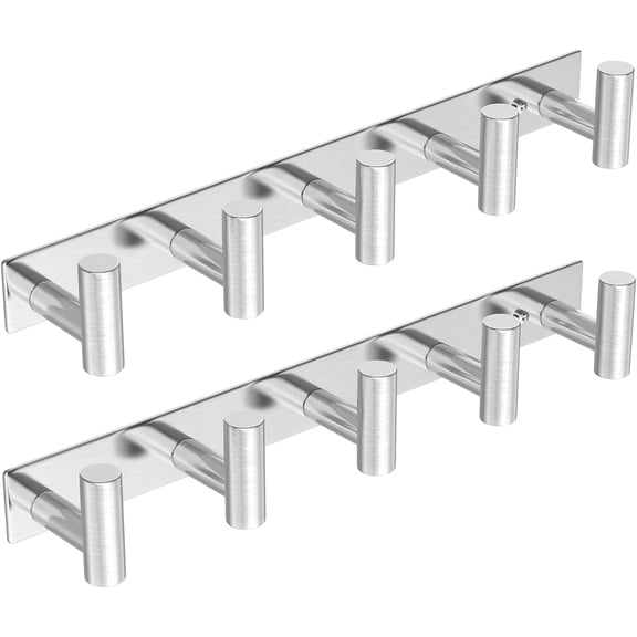 Coat Hooks Wall Mount, 2 Pack T Shaped 5 Hooks Stainless Steel Wall Hooks Silver Towel Rack for Hanging, Heavy Duty Key Holder Hat Rack Used for Bathroom