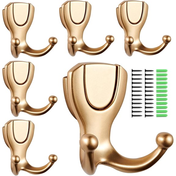 Coat Hooks Wall Mount: Flip Lid Conceals Screws & Double Hooks, Heavy Duty Wall Hooks, Damage-Resistant Clothing Design, Towel Hooks for Bathroom Living Room to Hang Coats Hats Keys (6, Gold)