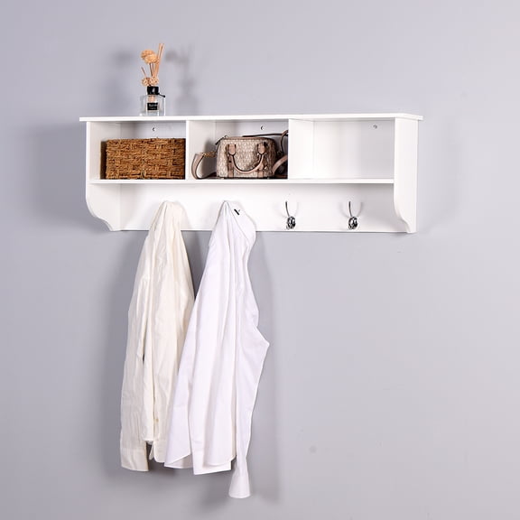 Coat Hooks With Storage Shelf 4 Dual Hooks Wall-Mounted Rustic Wood Hanging Coat Rack For Kitchen Bathroom Entryway,White