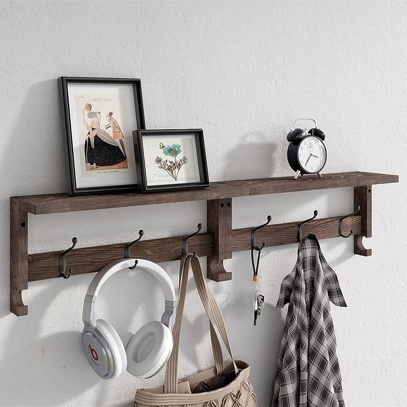 Coat Hooks, Wood Rack Wall-Mounted, 31.5 Inch Entryway Shelf with 10 Hooks (Brown) - Walmart.com
