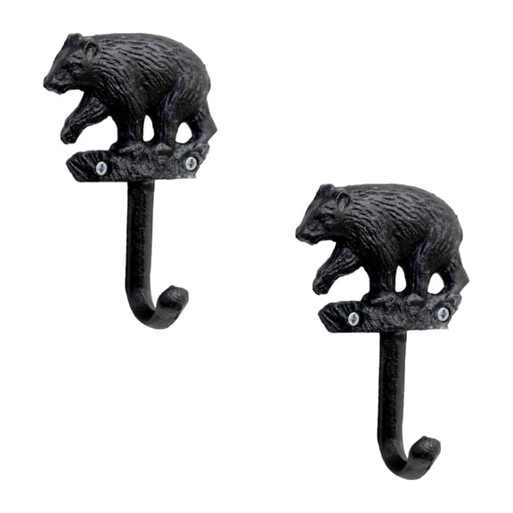 Decorative Wall Coat Hooks Set of 2 with Black Bear in The Forest Accent - Rustic Cast Iron Animal Wall Mounted Hooks for Cabin Lodge - Ideal for Wildlife and Woodland Theme Enthusiasts