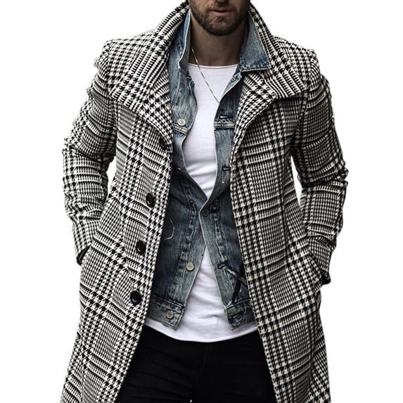 Coat Men'S Long Men'S Warm Wool Coat Winter Jacket Winter Coat Winter Casual Business Slim Fit Jacket Thick Windproof Warm Coat Houndstooth Print With Stand-Up Collar Pocket