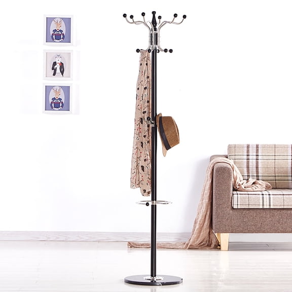 Coat Rack, 16-Hook Freestanding Metal Coat Rack with Sturdy Round Base for Entryway Hallway Black