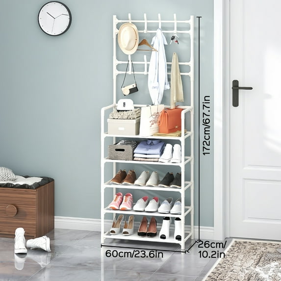 Coat Rack, 5 Tier Coat and Shoe Rack for Front Door Entrance, Shoe Rack Organizer and Coat Rack with 8 Hooks, Multi-Purpose Hall Tree for Shoes, Clothes, Hats, Bags, Umbrellas