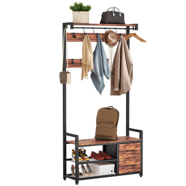 Coat Rack, 5in1 Entryway Hall Tree with Shoe Bench with Shelves