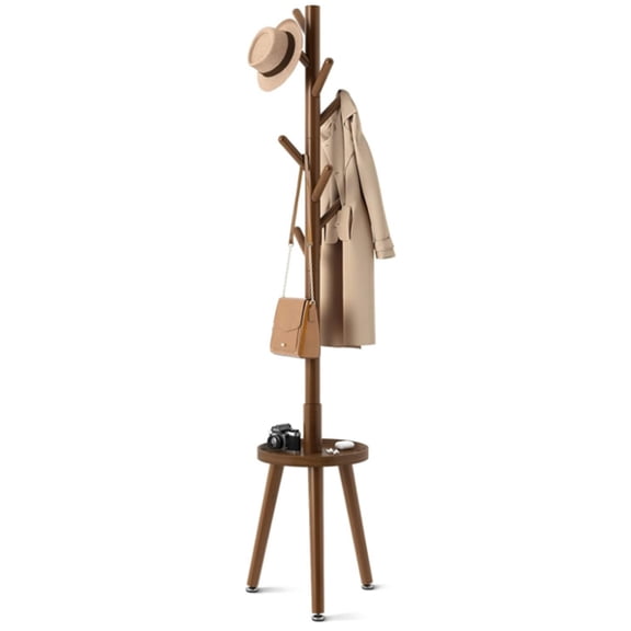 Coat Rack with 8 Hooks, Wooden Coat Rack Freestanding with Shelf, Coat Tree with 4 Height Options 50.5"-72.6", Coat Hanger Stand for Bags, Clothes, Umbrellas, Hats, in Home, Brown