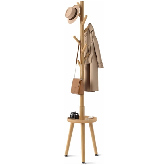 Coat Rack with 8 Hooks, Wooden Coat Rack Freestanding with Shelf, Coat Tree with 4 Height Options 50.5"-72.6", Coat Hanger Stand for Bags, Clothes, Umbrellas, Hats, in Home, Natural
