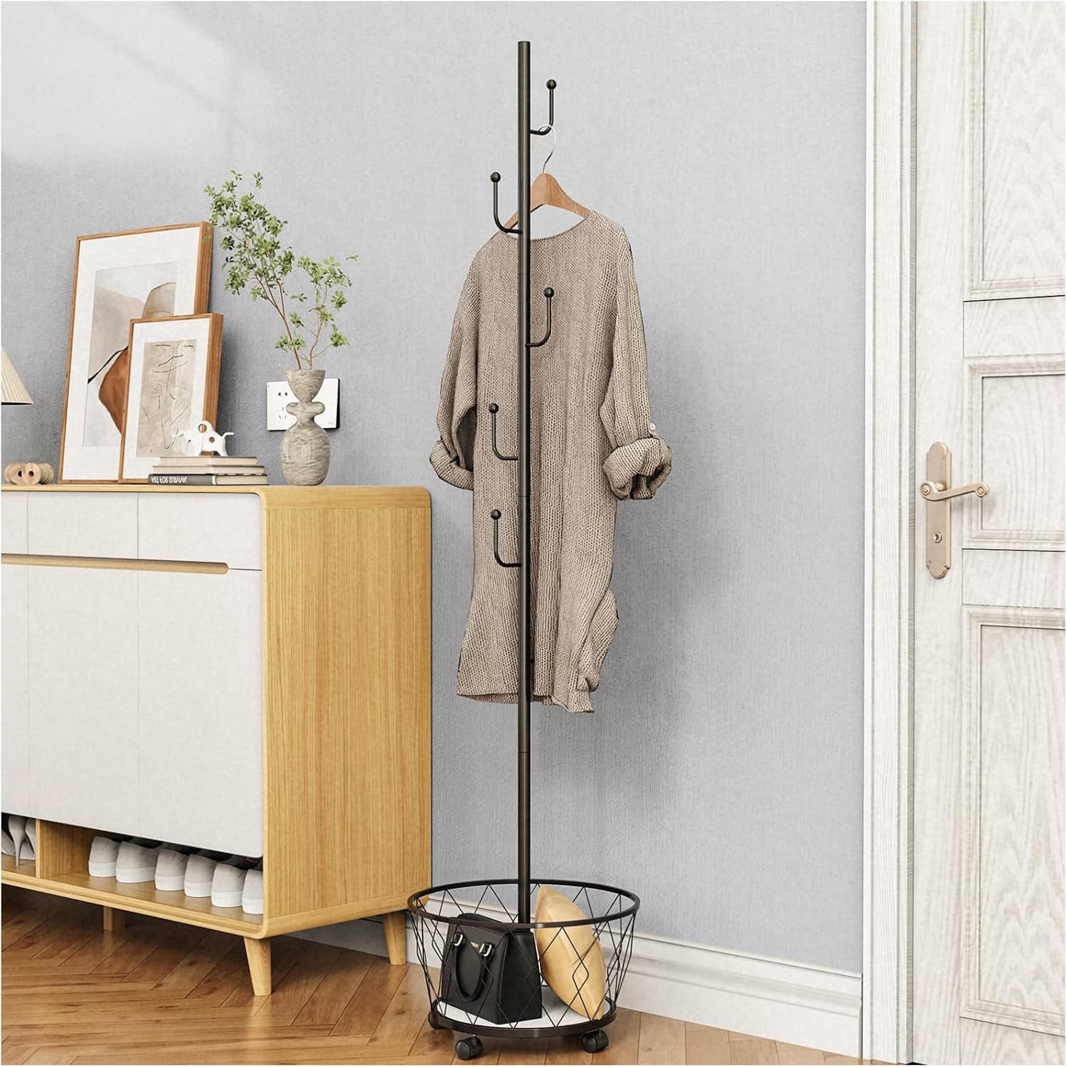 Coat Rack, Cactus Coat Tree with Storage Basket and 6 Hooks ...