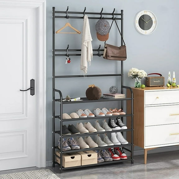Coat Rack, Coat Rack Stand with 8 Removable Hooks and 5 Storage Shelves, Modern Industrial Style Coat Tree for Entryway Hallway 23.6x9.8x67.3" Hall Tree Shoe Rack