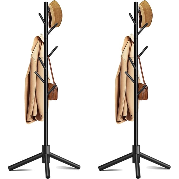 Coat Rack, Coat Racks Freestanding with 8 Hooks 3 Adjustable Heights for Clothes, Hats, Handbags, Coat Tree Easy Assembly for Entryway, Bedroom, Hallway, Office(Black 2PCS)