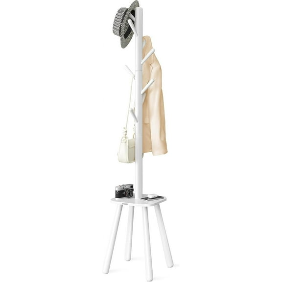 Coat Rack, Free Standing Coat Stand, Hall Coat Tree with 8 Hooks and Storage Shelf, 67.1 Inch Tall, for Coats, Hats, Bags, for Entryway, Hallway, Bedroom, Cloud White URCR033W01