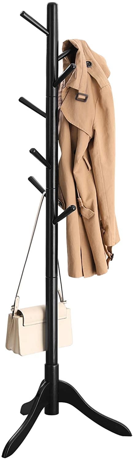 Black Retro Solid Wood Free Standing Coat Rack with 8 Hooks