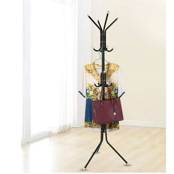 Coat Rack Free-Standing Metal Floor Hanger 12 Hooks for Jacket, Purse, Scarf Rack, Umbrella Tree Stand For Home Office, Black