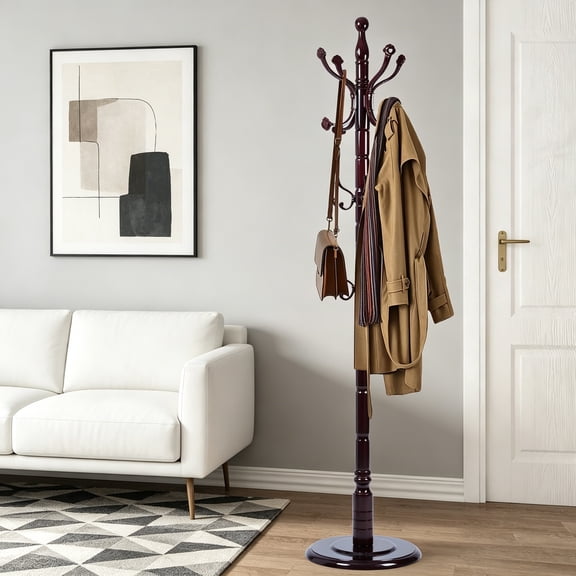 Coat Rack Freestanding with 14 Hooks, Natural Wood Coat Stand for Entryway, Adjustable Height 72" Tree Coat Rack for Hallway, Home Office, Bedroom, Mahogany Ruyi