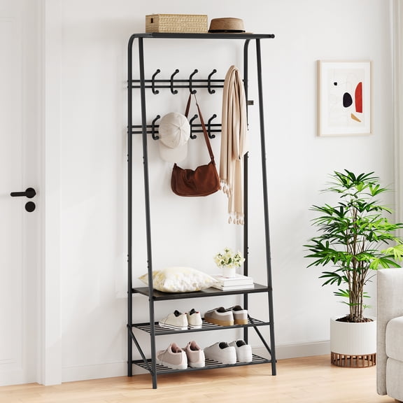 Coat Rack Freestanding, 4-in-1 Hall Tree with Bench and Shoe Storage, Entryway Bench with Coat Rack, 10 Hooks & 3-Tier Shoe Shelf, Heavy-Duty Metal Frame for Mudroom, Front Door, Black