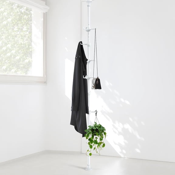 Coat Rack Freestanding, 56 to 125 inch Adjustable Tension Rod Coat Tree with 12 Hooks for ,Coat, Jacket, Hat, Scarf, Suitable for Living Room, Balcony, Kitchen White
