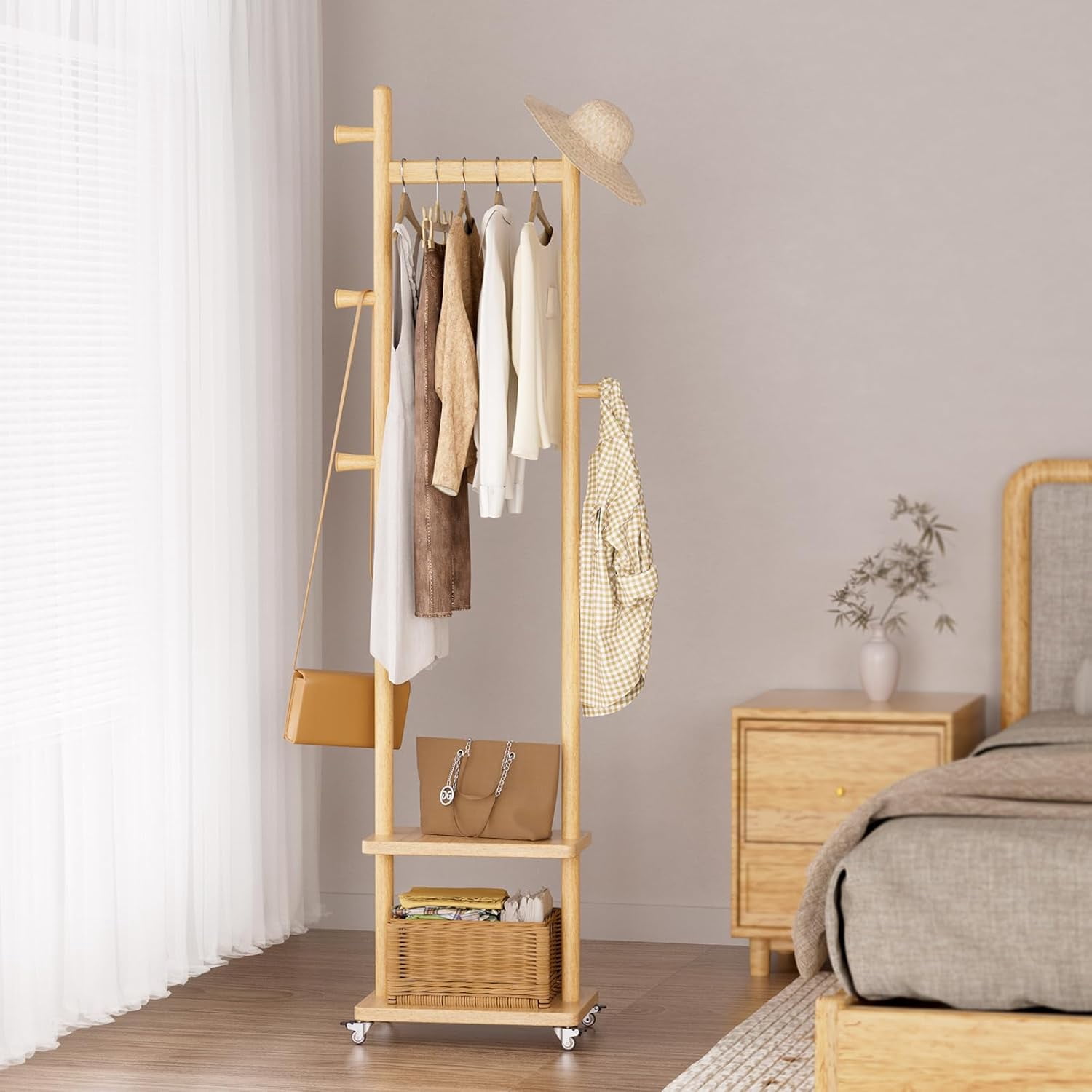 Coat Rack Freestanding Clothing Rack with Wheels & 2 layer storage & 5 ...