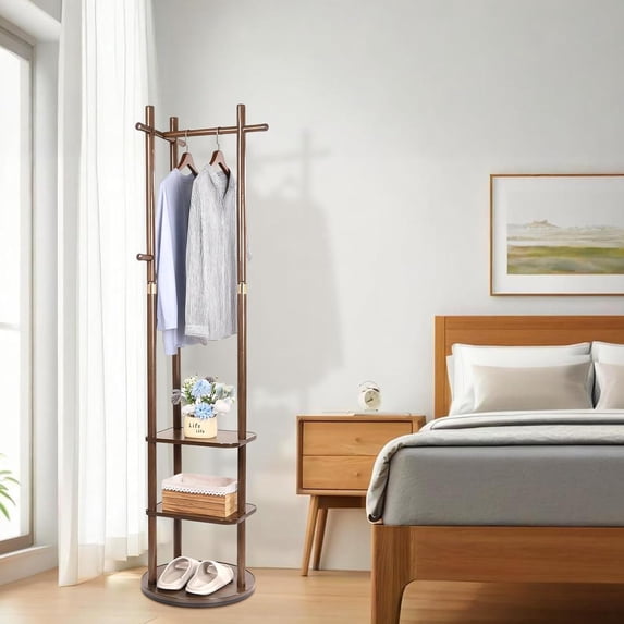 Coat Rack Freestanding Clothing Rack Wood Garment Rack with 3 Storage ...