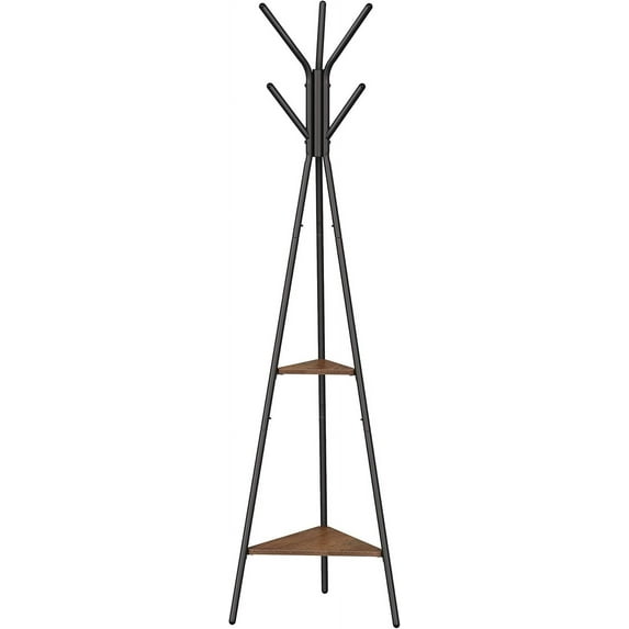 Coat Rack Freestanding, Coat Hanger Stand, Hall Tree with 2 Shelves, for Clothes, Hat, Bag, Industrial Style, Rustic Brown and Black URCR16BX