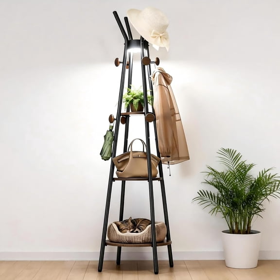 Coat Rack, Freestanding Coat Rack with 3 Shelves and 12 Hooks, Coat tree with Motion Sensor Light for Entryway, Livingroom, Hall Tree Free Standing for Coats, Scarves, Handbags, Black