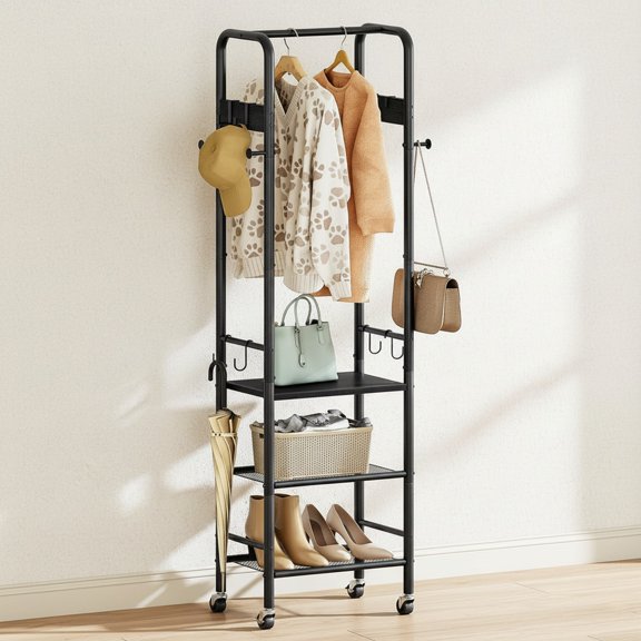 Coat Rack, Freestanding Coat Rack with 3 Shelves, Rolling Garment Rack with Wheels and Hooks, Coat Hanger Stand, Clothes Rack, Hanging Rod, for Entryway, Bedroom, Living Room, Black TYM17BB