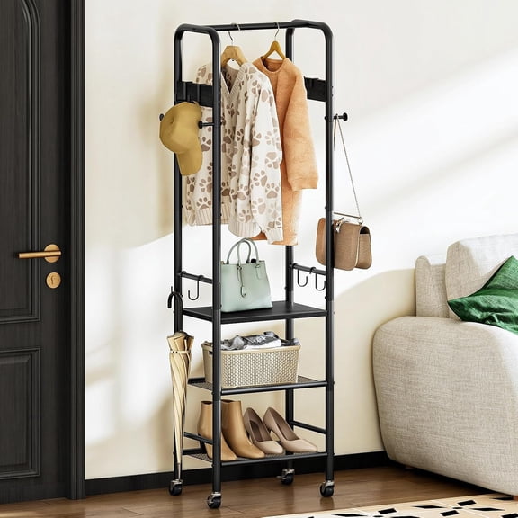 Coat Rack, Freestanding Coat Rack with 3 Shelves, Rolling Garment Rack with Wheels and Hooks, Coat Hanger Stand, Clothes Rack, Rod, for Entryway, Bedroom, Living Room, Black TYM17BB