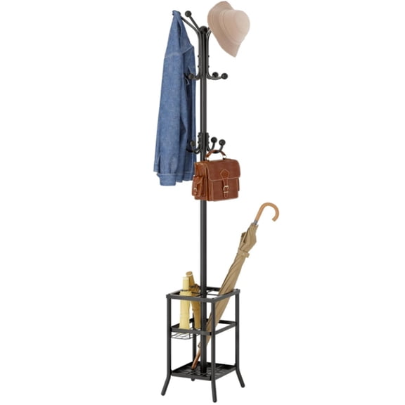 Coat Rack Freestanding,Coat Rack Stand with Umbrella Holder,Metal Coat Tree with 12 Hooks,Tree Clothes Hat for Entryway, Hallway, Bedroom, Living Room & Office -Black