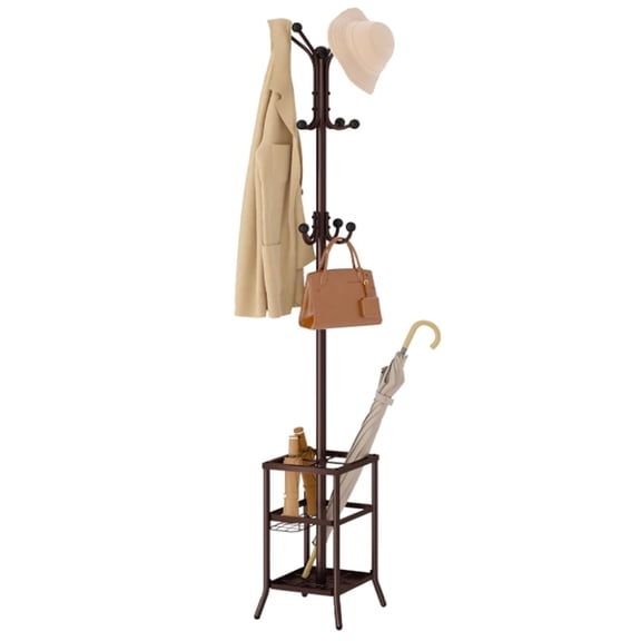 Coat Rack Freestanding,Coat Rack Stand with Umbrella Holder,Metal Coat Tree with 12 Hooks,Tree Clothes Hat for Entryway, Hallway, Bedroom, Living Room & Office -Brown