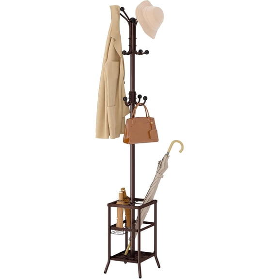 Coat Rack Freestanding,Coat Rack Stand with Umbrella Holder,Metal Coat Tree with 12 Hooks,Tree Clothes Hat for Entryway, Hallway, Bedroom, Living Room & Office -Brown