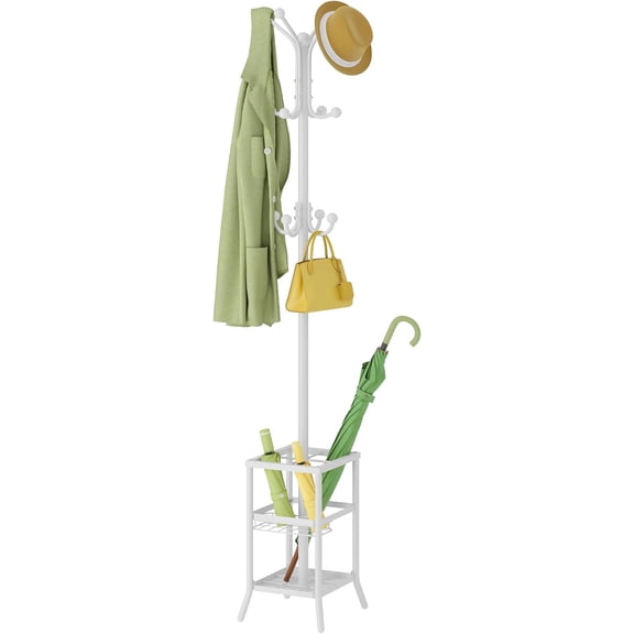 Coat Rack Freestanding,Coat Rack Stand with Umbrella Holder,Metal Coat Tree with 12 Hooks,Tree Clothes Hat for Entryway, Hallway, Bedroom, Living Room & Office -White