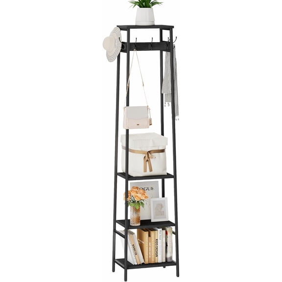 Coat Rack Freestanding, Coat Stand with 3 Shelves and 7 Hooks, Hall Tree Free Standing, Clothes Rack Stand Organizer for Bedroom, Hallway, Entryway, Living Room, Industrial Style, Black