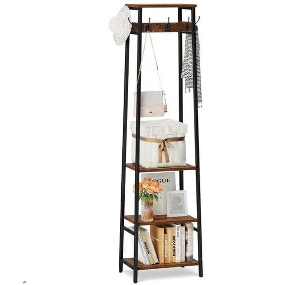 Coat Rack Freestanding, Coat Stand with 3 Shelves and 7 Hooks, Hall Tree Free Standing, Clothes Rack Stand Organizer, Industrial Style, Rustic Brown and Black