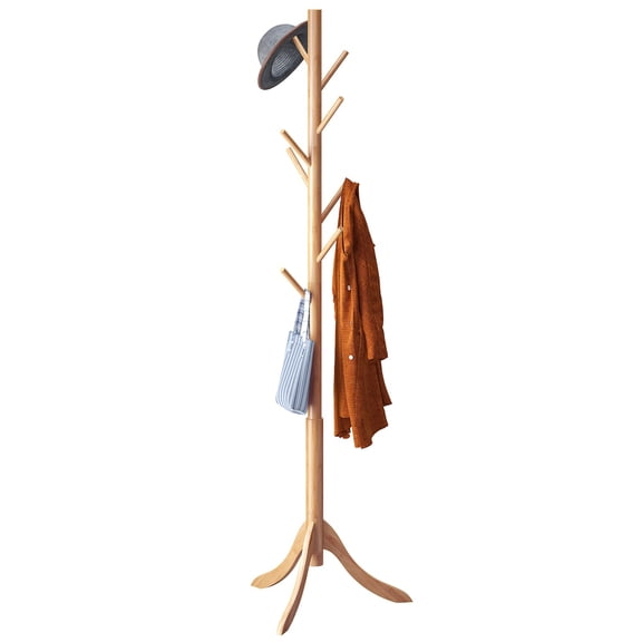 Coat Rack Freestanding, Coat Stands Entryway, Bamboo Coat Rack Hat Hanger 8 Hook for Jacket, Purse, Scarf Rack, Umbrella Tree Stand (Brown)