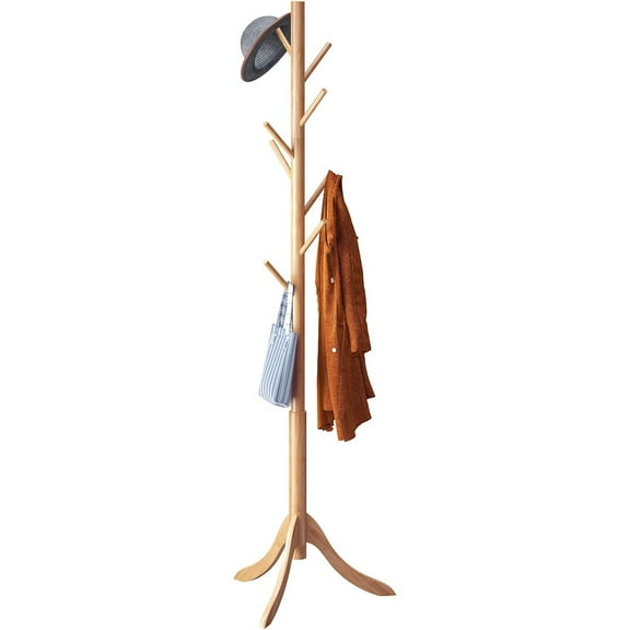 Coat Rack Freestanding, Coat Stands Entryway, Bamboo Coat Rack Hat Hanger 8 Hook for Jacket, Purse, Scarf Rack, Umbrella Tree Stand (Natural)