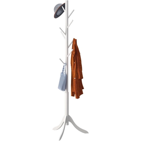 Coat Rack Freestanding, Coat Stands Entryway, Bamboo Coat Rack Hat Hanger 8 Hook for Jacket, Purse, Scarf Rack, Umbrella Tree Stand (White)