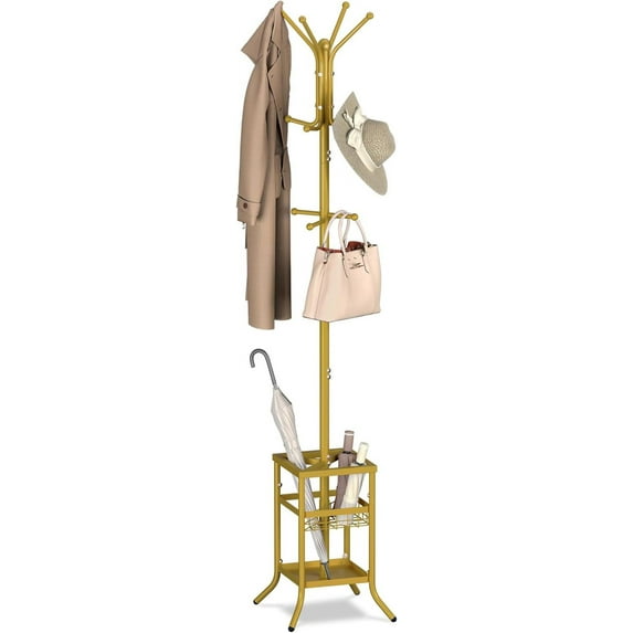 Coat Rack Freestanding, Coat Tree with Umbrella Holder, Metal Coat Rack Stand with 12 Hooks, Modern Coat Hanger Stand for Entryway, Purse Rack Hat Rack Stand for Living Room Bedroom Office