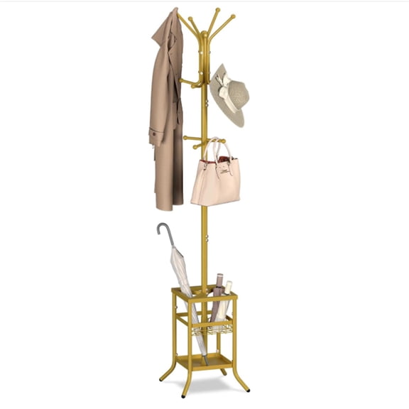 Coat Rack Freestanding - Coat Tree with Umbrella Holder, Metal Coat Rack Stand with 12 Hooks, Modern Coat Hanger Stand for Entryway, Purse Rack Hat Rack Stand for Living Room Bedroom Office
