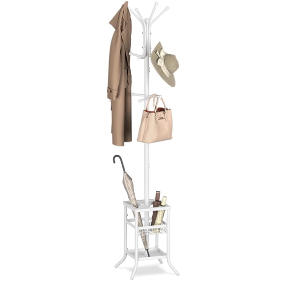 Coat Rack Freestanding - Coat Tree with Umbrella Holder, Metal Coat Rack Stand with 12 Hooks, Modern Coat Hanger Stand for Entryway, Purse Rack Hat Rack Stand for Living Room Bedroom Office