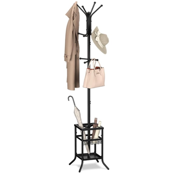 Coat Rack Freestanding - Coat Tree with Umbrella Holder, Metal Coat Rack Stand with 12 Hooks, Modern Coat Hanger Stand for Entryway, Purse Rack Hat Rack Stand for Living Room Bedroom Office
