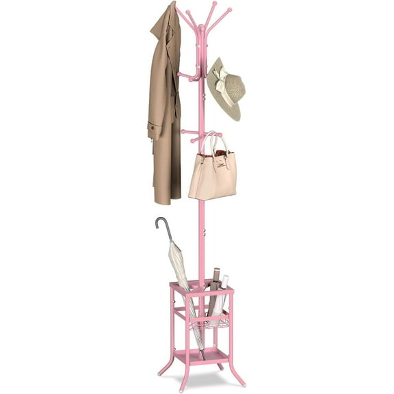 Coat Rack Freestanding, Coat Tree with Umbrella Holder, Metal Coat Rack Stand with 12 Hooks, Modern Coat Hanger Stand for Entryway, Purse Rack Hat Rack Stand for Living Room Bedroom Office