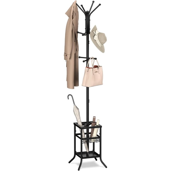 Freestanding Metal Coat Rack with Umbrella Holder, 12-Hook Space-Saving Entryway Stand in Stainless Steel Finish