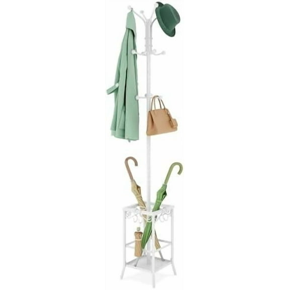 Coat Rack Freestanding, Coat Tree with Umbrella Holder, Metal Coat Rack Stand with 12 Hooks, Standing Coat Hanger Stand, Umbrella Stand for Entryway, Hat Rack Stand for Home Office, White