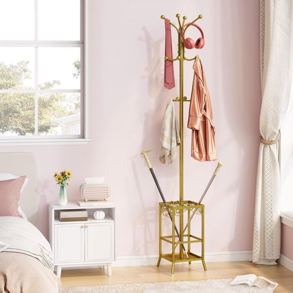 Coat Rack Freestanding, Coat Tree with Umbrella Holder, Metal Coat Rack Stand with 12 Hooks, Standing Coat Hanger Stand, Umbrella Stand for Entryway, Hat Rack Stand for Home Office, Gold