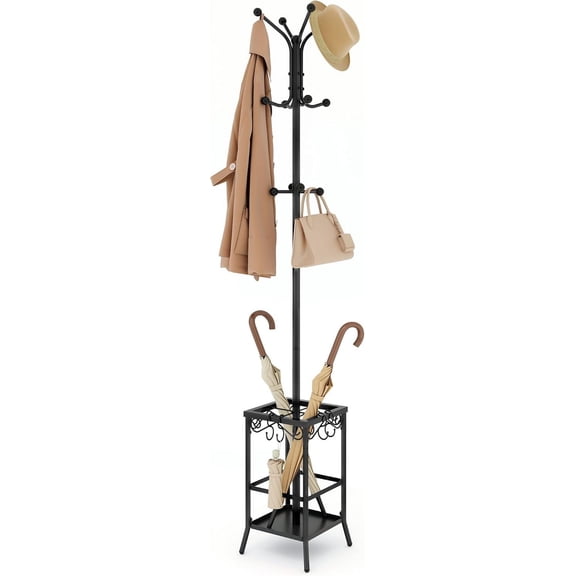 Coat Rack Freestanding, Coat Tree with Umbrella Holder, Metal Coat Rack Stand with 12 Hooks, Standing Coat Hanger Stand, Umbrella Stand for Entryway, Hat Rack Stand for Home Office, Black