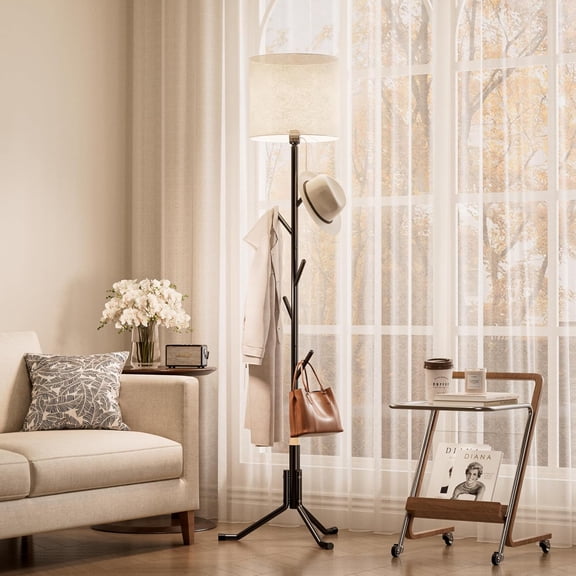 Coat Rack Freestanding Coat Tree with Floor Light, Metal Tall Entryway Coat Stand with 5 Hooks, Slim Modern Black Coat Hanger