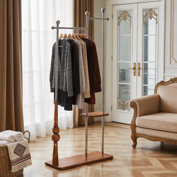 Coat Rack Freestanding, Double Rod Clothing Garment Rack, Metal Coat Rack Tree Stand with Sturdy Wood Base, Coat Hanger Stand for Entryways, Hallways, Living Rooms, and Bedrooms