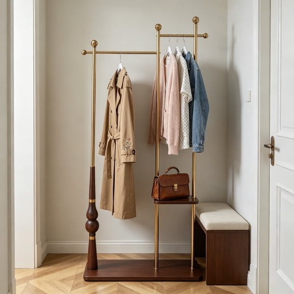 Coat Rack Freestanding, Double Rod Clothing Garment Rack, Metal Coat Rack Tree Stand with Sturdy Wood Base for Entryways, Hallways, Living Rooms, and Bedrooms