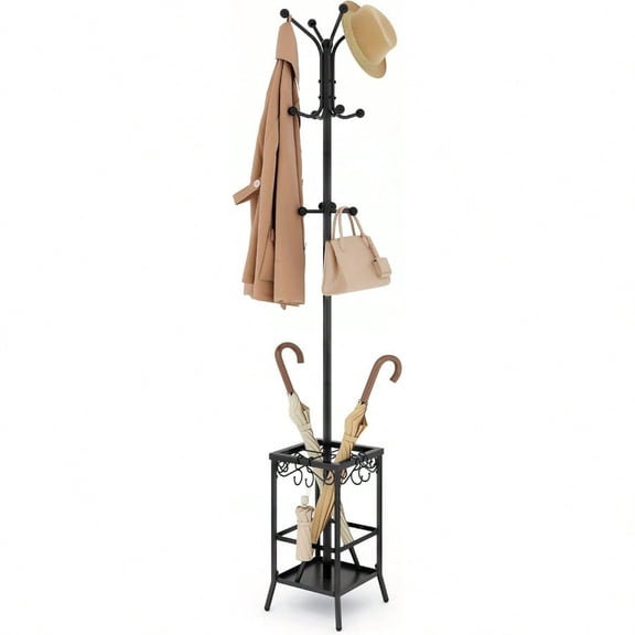 Coat Rack Freestanding Entryway Hanger Stand Umbrella Holder Hall Tree With 12 Hooks Floor Standing Metal Tree Stand Black